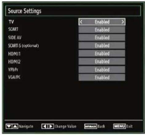 Source Settings TV SCART SIDE AV SCART-S (optional) HDMI11 HDMI2 YPbPr VGA/PC Enabled Enabled Enabled Enabled Enabled Enabled Navigate Change Value APRAC Back MENU Exit