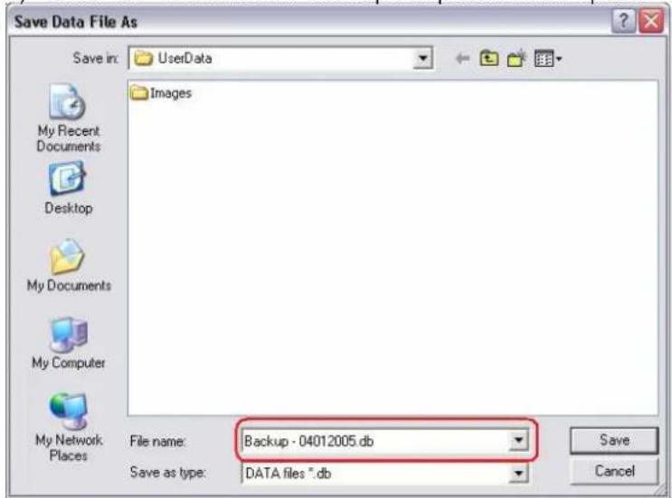 Save Data File As Save in: :=企业在 Images My Recent Documents Desktop My Documents My Computer My Network Places File name: Backup - 04012005.db Save as type: DATA files *.db Save Cancel