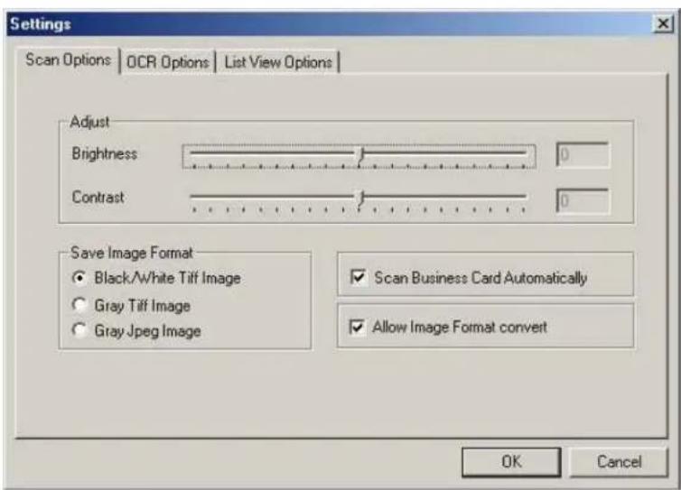 Settings Scan Options | OCR Options | List View Options | Adjust Brightness Contrast Save Image Format Black/White Tiff Image Gray Tiff Image Gray Jpeg Image Scan Business Card Automatically Allow Image Format convert OK Cancel