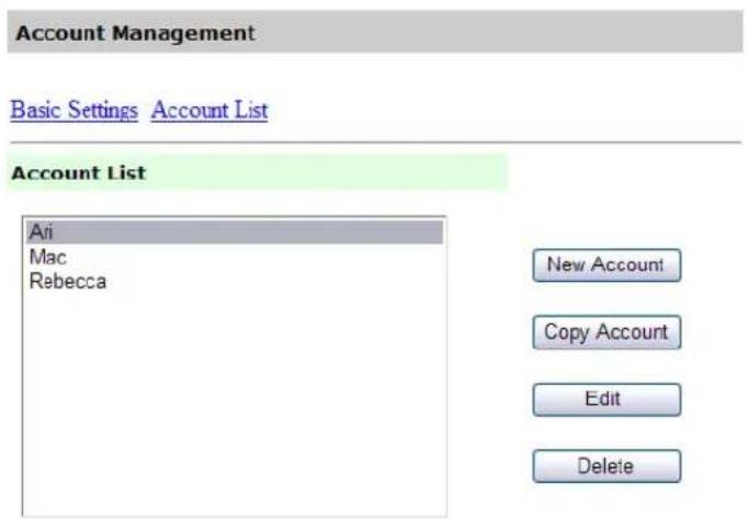 Account Management Basic Settings Account List Account List Ari Mac Rebecca New Account Copy Account Edit Delete