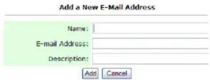 Add a New E-Mail Address Name: E-mail Address: Description: Add Cancel