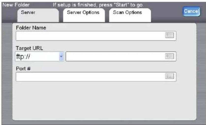New Folder If setup is finished, press "Start" to go. Server Server Options Scan Options Folder Name Target URL ftp:// Port #
