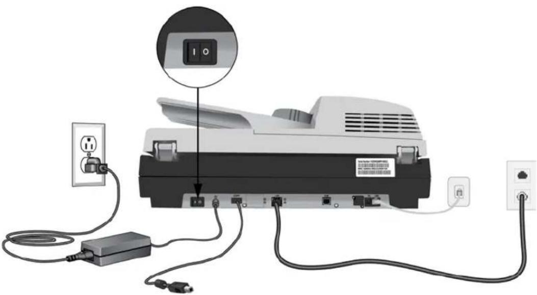 Diagram of a printer setup with labeled ports and connections, including a close-up of the key switch.