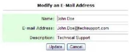 Modify an E-Mail Address Name: John Doe E-mail Address: John Doe@techsupport.com Description: Technical Support Update Cancel