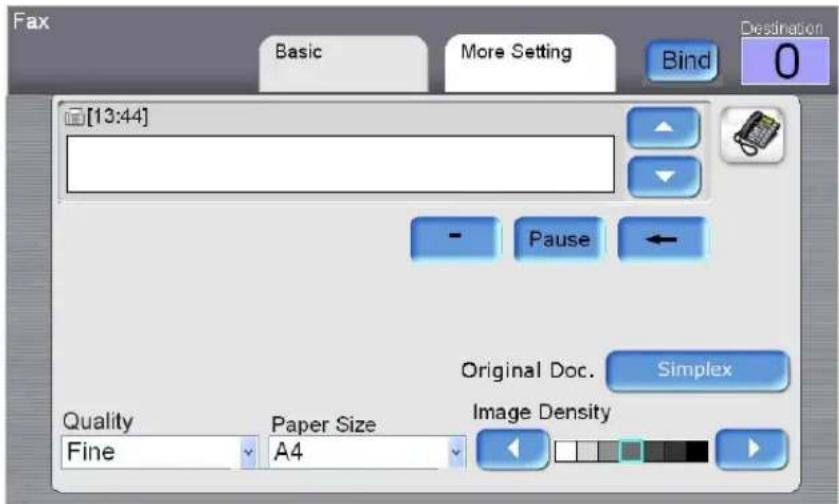 [13:44] Quality Fine Paper Size A4 Image Density Original Doc. Simplex Pause Destination 0 Basic More Setting Bind