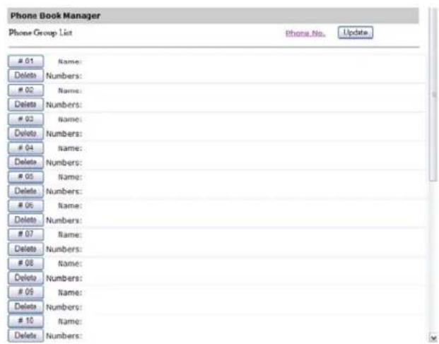 Phone Book Manager Phone Group List Phone No. Update 01 Name: Delete Numbers: 02 Name: Delete Numbers: 03 Name: Delete Numbers: 04 name: Delete Numbers: 05 Name: Delete Numbers: 06 Name: Delete Numbers: 07 Name: Delete Numbers: 08 Name: Delete Numbers: 09 Name: Delete Numbers: 10 name: Delete Numbers:
