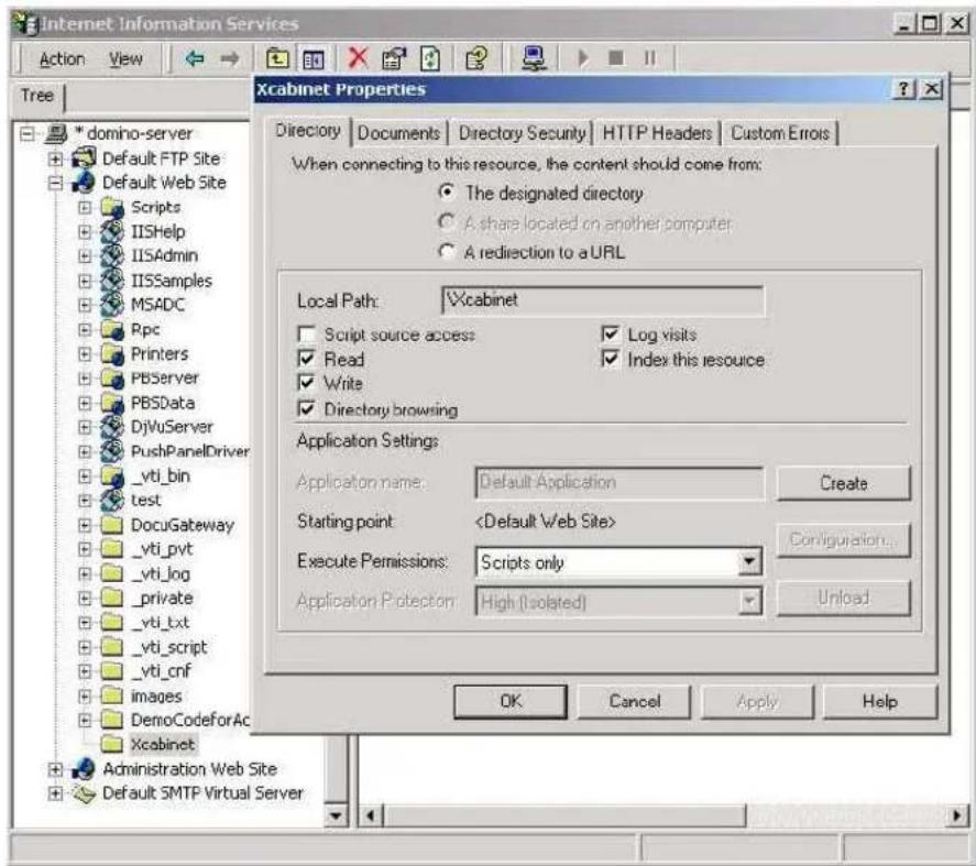 Internet Information Services Action View Tree * domino-server Default FTP Site Default Web Site Scripts IISHelp IISAdmin IISSamples MSADC Rpc Printers PBServer PBSSData DjVuServer PushPanelDriver _vti_bin test DocuGateway _vti_pvt _vti_log _private _vti_txt _vti_script _vti_cnf images DemoCodeforAc Xcabinet Administration Web Site Default SMTP Virtual Server Xcabinet Properties Directory Documents Directory Security HTTP Headers Custom Errors When connecting to this resource, the content should come from: The designated directory A share located on another computer A redirection to a URL Local Path: Xcabinet Script source access Log visits Read Index this resource Write Directory browsing Application Settings Application name: Default Application Create Starting point Configuration... Execute Permissions: Scripts only Application Protection: High (Isolated) Unload OK Cancel Apply Help