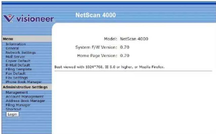 NetScan 4000 Model: NetScan 4000 System F/W Version: 0.70 Home Page Version: 0.70 Best viewed with 1024*768, IE 5.0 or higher, or Mozilla Firefox. Login