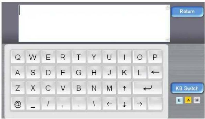 Q W E R T Y U I O P A S D F G H J K L ← Z X C V B N M ↑ ← @ _ / , . \ ← ↓ → Return KB Switch a A 1#
