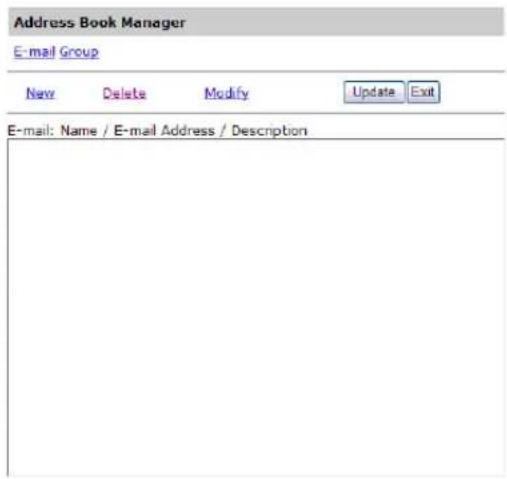 Address Book Manager E-mail Group New Delete Modify Update Exit E-mail: Name / E-mail Address / Description