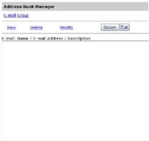 Address Book Manager E-mail Group New Delete Modify Update Exit E-mail: Name / E-mail Address / Description