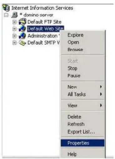 Internet Information Services * domino-server Default FTP Site Default Web Site Administration Default SMTP V Explore Open Browse Start Stop Pause New All Tasks View Delete Refresh Export List... Properties Help