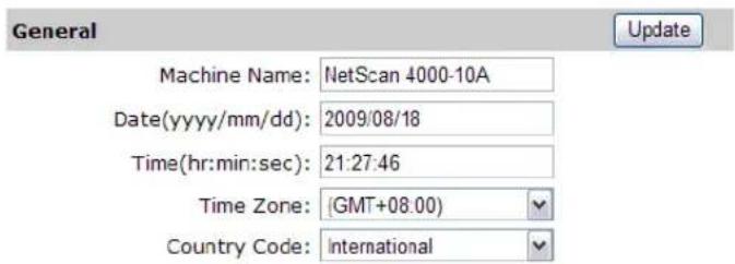 General Machine Name: NetScan 4000-10A Date(yyyy/mm/dd): 2009/08/18 Time(hr:min:sec): 21:27:46 Time Zone: (GMT+08.00) Country Code: International Update