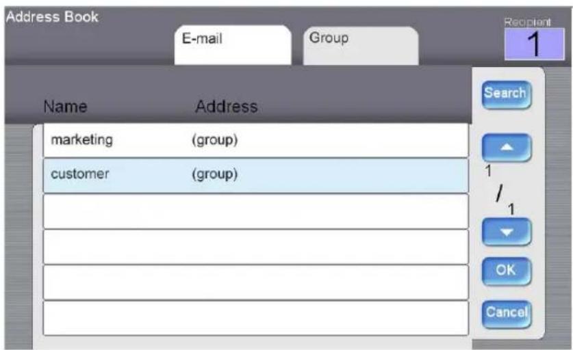 Address Book E-mail Group Name Address marketing (group) customer (group) Search / 1 / OK Cancel