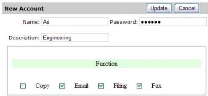 New Account Name: Ari Password: ••••••• Description: Engineering Function Copy Email Filing Fax