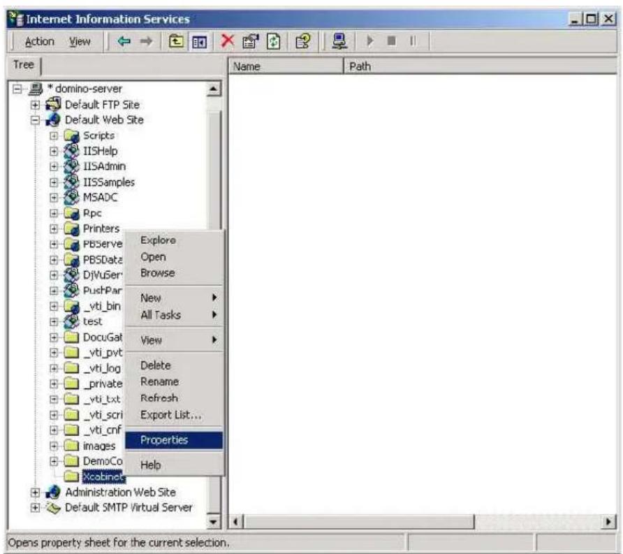 Internet Information Services Action View Tree * domino-server Default FTP Site Default Web Site Scripts IISHelp IISAdmin IISSamples MSADC Rpc Printers PbServe PBSDate DjVuSer PushPar _vti_bin test DocuGat _vti_pvt _vti_log _private _vti_txt _vti_scri _vti_cnf images DemoCo Xcobinet Administration Web Site Default SMTP Virtual Server Explore Open Browse New All Tasks View Delete Rename Refresh Export List... Properties Help Name Path Opens property sheet for the current selection.
