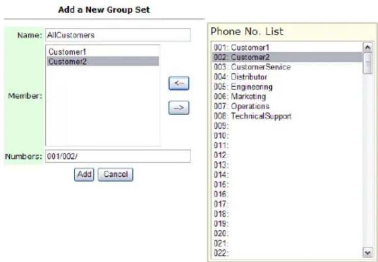 Add a New Group Set Name: AllCustomers Customer1 Customer2 Member: Numbers: 001/002/ Add Cancel Phone No. List 001: Customer1 002: Customer2 003: CustomerService 004: Distributor 005: Engineering 006: Marketing 007: Operations 008: TechnicalSupport 009: 010: 011: 012: 013: 014: 015: 016: 017: 018: 019: 020: 021: 022: