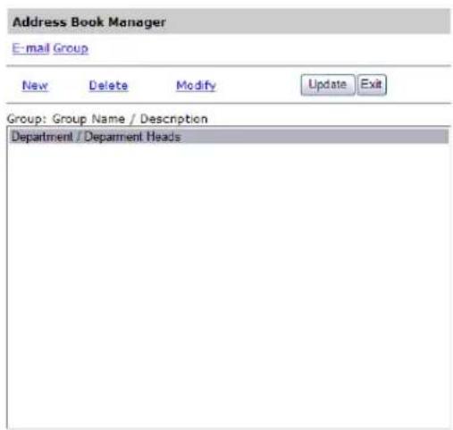 Address Book Manager E-mail Group New Delete Modify Update Exit Group: Group Name / Description Department / Department Heads