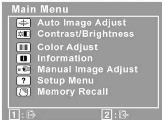 Main Menu Auto Image Adjust Contrast/Brightness Color Adjust Information Manual Image Adjust Setup Menu Memory Recall