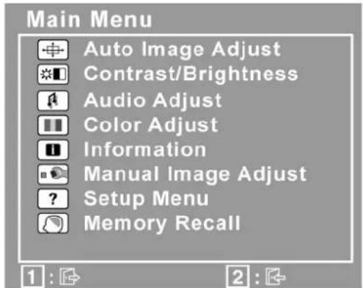 Main Menu Auto Image Adjust Contrast/Brightness Audio Adjust Color Adjust Information Manual Image Adjust Setup Menu Memory Recall