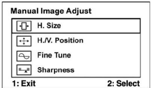 Manual Image Adjust H. Size H./V. Position Fine Tune Sharpness 1: Exit 2: Select