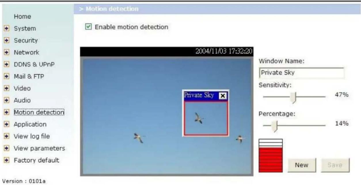 Home System Security Network DDNS & UPnP Mail & FTP Video Audio Motion detectioni Application View log file View parameters Factory default 2004/11/03 17:32:20 Window Name: Private Sky Sensitivity: 47% Percentage: 14% New Save Version : 0101a