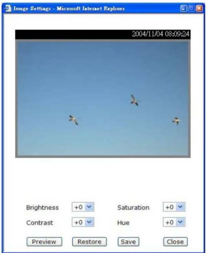 Image Settings - Microsoft Internet Explorer 2004/11/04 08:09:24 Brightness +0 Saturation +0 Contrast +0 Hue +0 Preview Restore Save Close