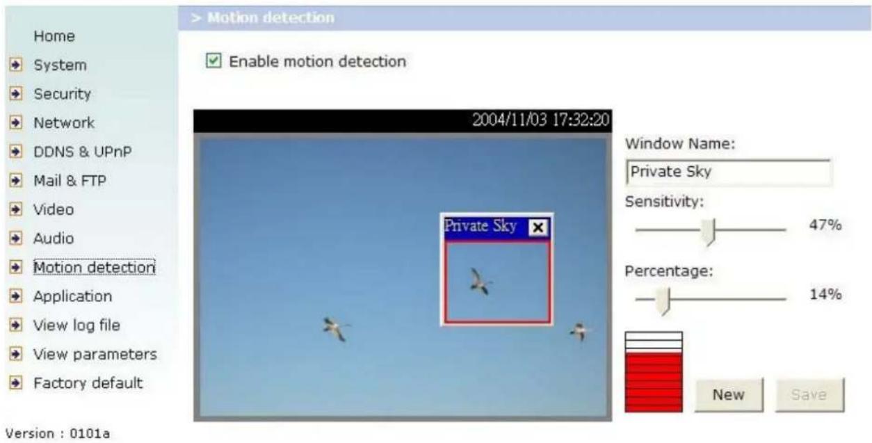 Home System Security Network DDNS & UPnP Mail & FTP Video Audio Motion detection Application View log file View parameters Factory default 2004/11/03 17:32:20 Window Name: Private Sky Sensitivity: 47% Percentage: 14% New Save Version : 0101a