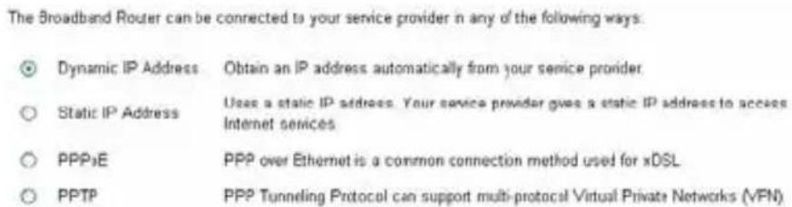 The Broadband Router can be connected to your service provider in any of the following ways. Dynamic IP Address Obtain an IP address automatically from your service provider Static IP Address Use a static IP address. Your service provider gives a static IP address to access Internet services PPP3E PPP over Ethernet is a common connection method used for xDSL PPTP PPP Tunneling Protocol can support multi-protocol Virtual Private Networks (VPN)