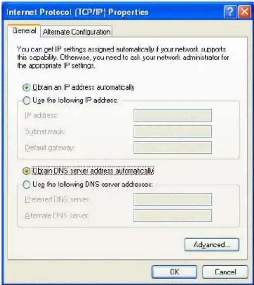 Internet Protocol (TCP/IP) Properties General Alternate Configuration You can get IP settings assigned automatically if your network supports this capability. Otherwise, you need to ask your network administrator for the appropriate IP settings. Obtain an IP address automatically Use the following IP address: IP address: Subnet mask: Default gateway: Obtain DNS server address automatically Use the following DNS server addresses: Preferred DNS server: Alternate DNS server: Advanced... OK Cancel