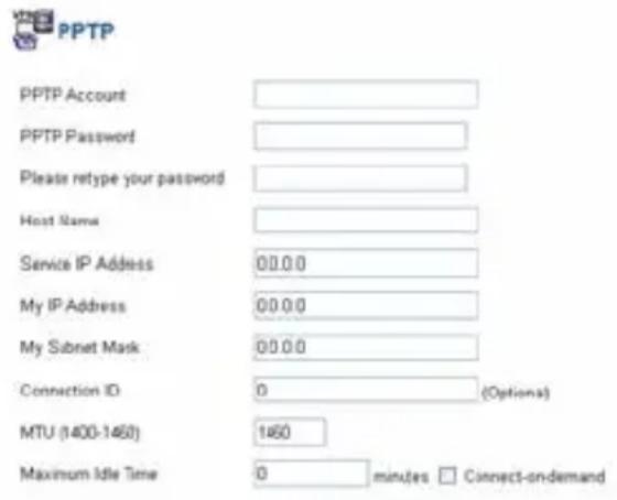 PPTP Account PPTP Password Please retype your password Host Name Service IP Address 00.0.0 My IP Address 00.0.0 My Subnet Mask 00.0.0 Connection ID 0 (Options) MTU (1400-1460) 1460 Maximum Idle Time 0 minutes □ Connect-on-demand