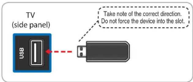 TV (side panel) USB Take note of the correct direction. Do not force the device into the slot.