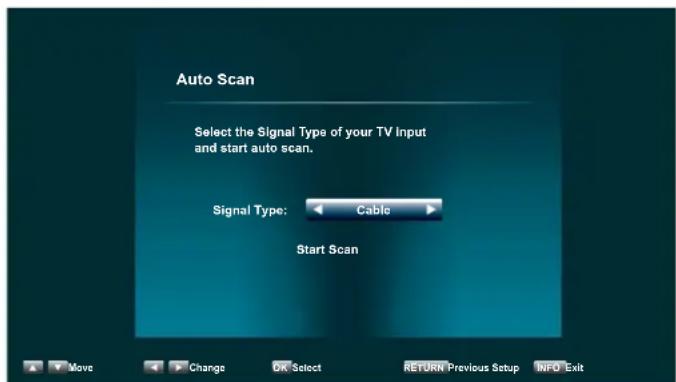Auto Scan Select the Signal Type of your TV Input and start auto scan. Signal Type: Cable Start Scan Move Change OK Select RETURN Previous Setup INFO Exit