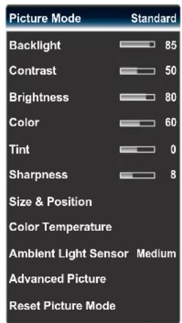 Picture Mode Standard Backlight 85 Contrast 50 Brightness 80 Color 60 Tint 0 Sharpness 8 Size & Position Color Temperature Ambient Light Sensor Medium Advanced Picture Reset Picture Mode