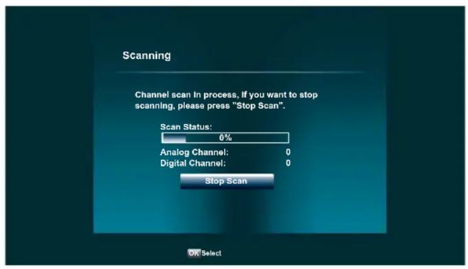 Scanning Channel scan In process, If you want to stop scanning, please press "Stop Scan". Scan Status: 0% Analog Channel: 0 Digital Channel: 0 Stop Scan OK Select