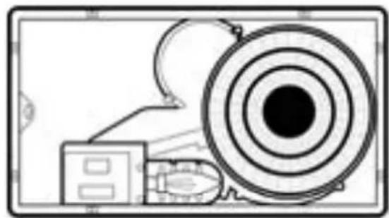 Illustration of a target with concentric circles and a small building, no text or symbols present