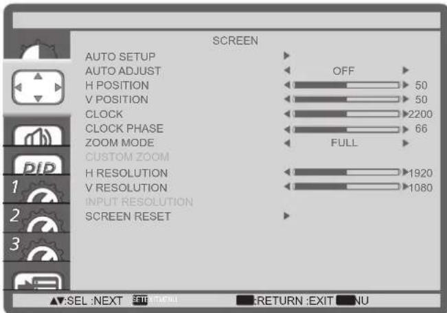 SCREEN AUTO SETUP AUTO ADJUST H POSITION V POSITION CLOCK CLOCK PHASE ZOOM MODE CUSTOM ZOOM H RESOLUTION V RESOLUTION INPUT RESOLUTION SCREEN RESET OFF 50 50 2200 66 FULL 1920 1080 SEL :NEXT SETTANTFULL RETURN :EXIT NU