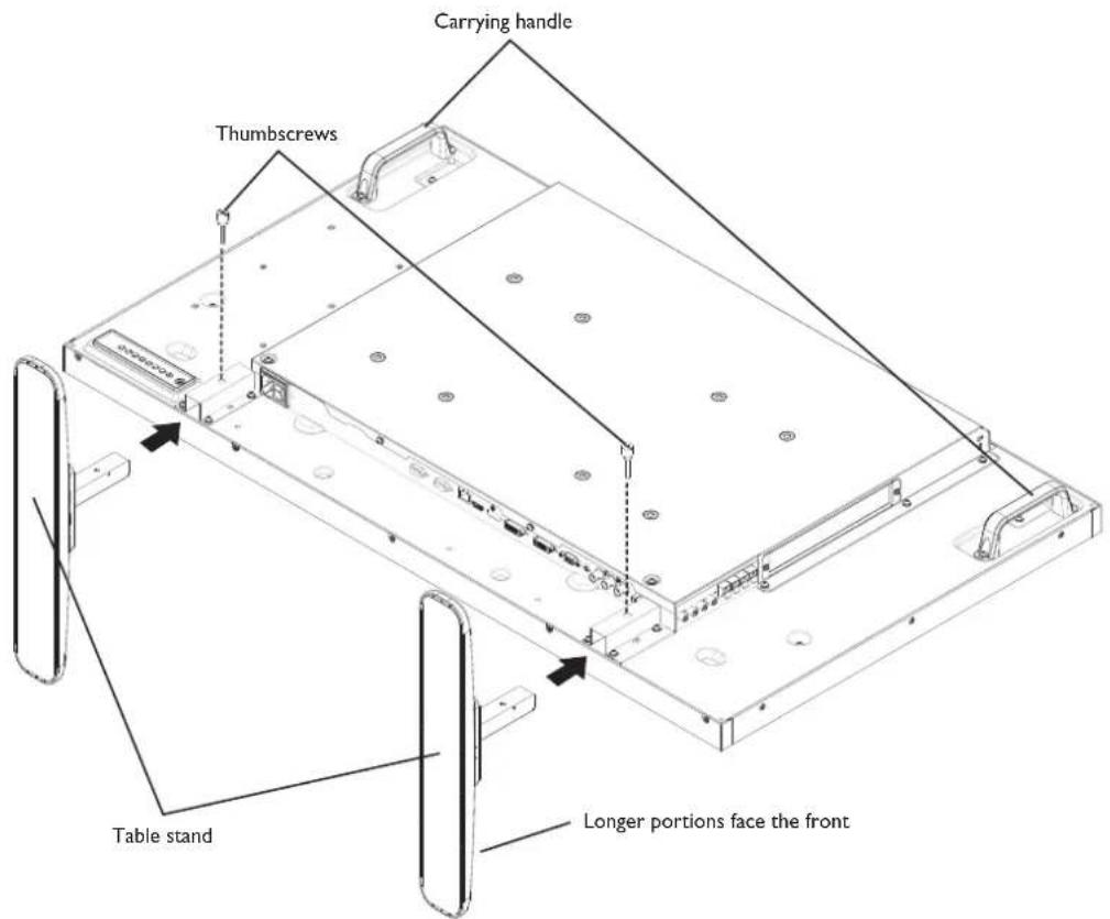 Carrying handle Thumbscrews Table stand Longer portions face the front