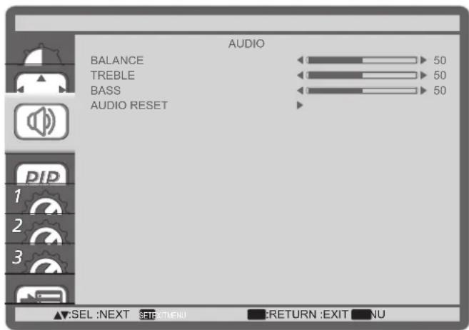 AUDIO BALANCE 50 TREBLE 50 BASS 50 AUDIO RESET SEL :NEXT SETEXITMENU RETURN :EXIT NU