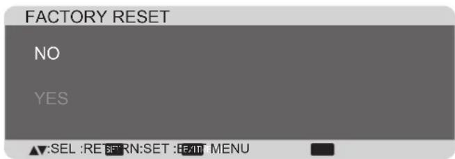 FACTORY RESET NO YES ▲:SEL :REF:RN:SET :EF:IT MENU