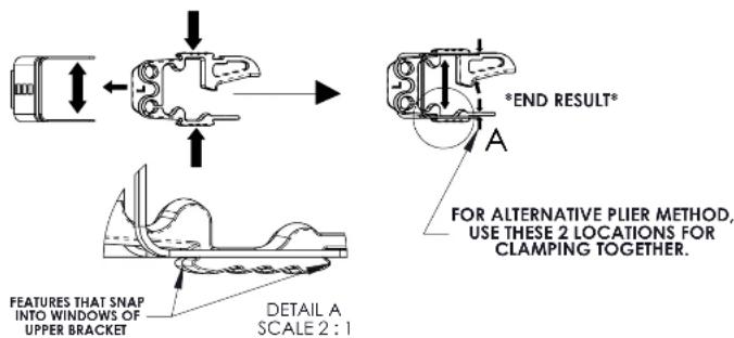 FEATURES THAT SNAP INTO WINDOWS OF UPPER BRACKET DETAIL A SCALE 2 : 1 *END RESULT* A FOR ALTERNATIVE PLIER METHOD, USE THESE 2 LOCATIONS FOR CLAMPING TOGETHER.