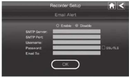 Recorder Setup Email Alert Enable Disable SMTP Server: SMTP Port: Username: Password: Email To: SSL/TLS OK