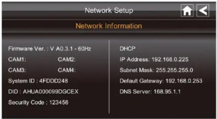 Network Setup Network Information Firmware Ver. : V A0.3.1 - 60Hz CAM1: CAM2: CAM3: CAM4: System ID : 4FDDD248 DID : AHUA000099DGCEX Security Code : 123456 DHCP IP Address: 192.168.0.225 Subnet Mask: 255.255.255.0 Default Gateway: 192.168.0.253 DNS Server: 168.95.1.1
