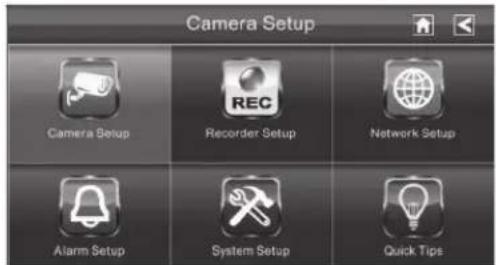 Camera Setup Camera Setup REC Recorder Setup Network Setup Alarm Setup System Setup Quick Tips