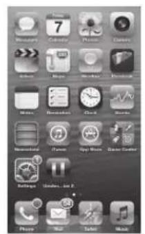 Screenshot of an early iPhone home screen showing app icons with labels like '7', 'Mac', 'Phone', and 'Music'.