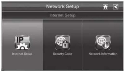 Network Setup Internet Setup IP Internet Setup Security Code Network Information