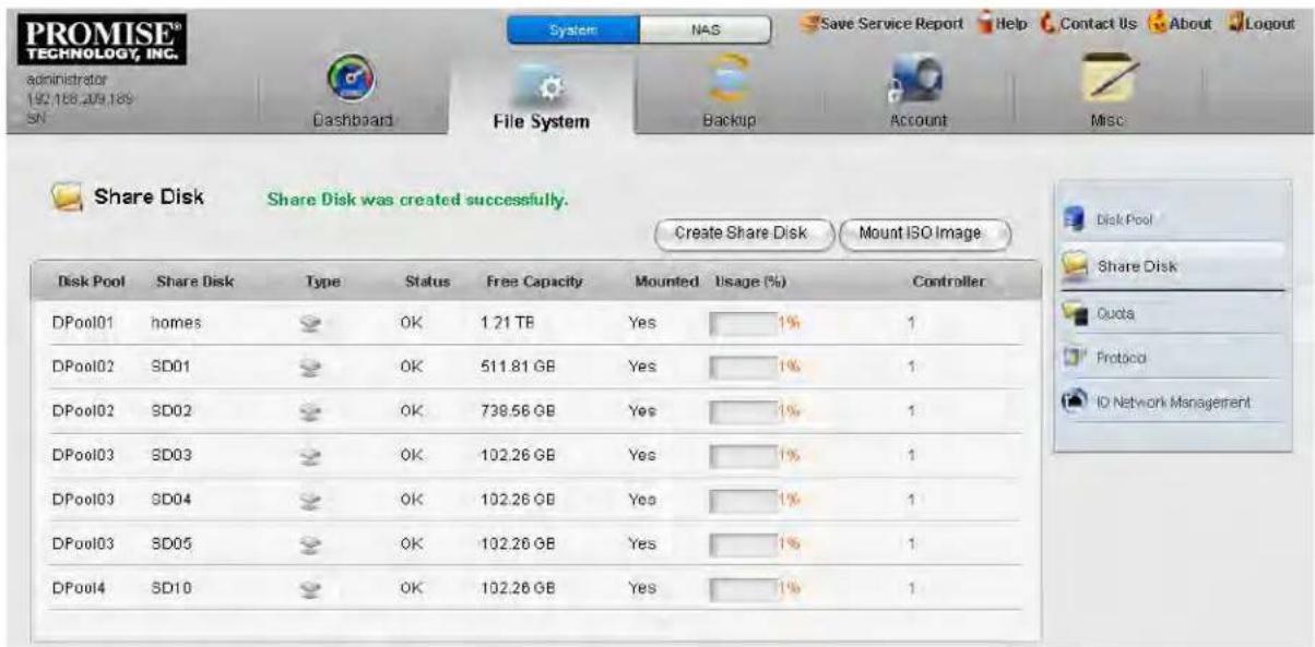 PROMISE® TECHNOLOGY, INC. administrator 192.186.209.189 SN Dashboard File System Backup Account Misc Share Disk Share Disk was created successfully. Create Share Disk Mount ISO Image Disk Pool Share Disk DPool01 homes OK 1.21 TB Yes 1% 1 DPool02 SD01 OK 511.81 GB Yes 1% 1 DPool02 SD02 OK 738.56 GB Y…