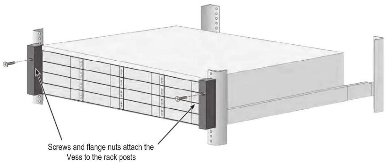 Screws and flange nuts attach the Vess to the rack posts