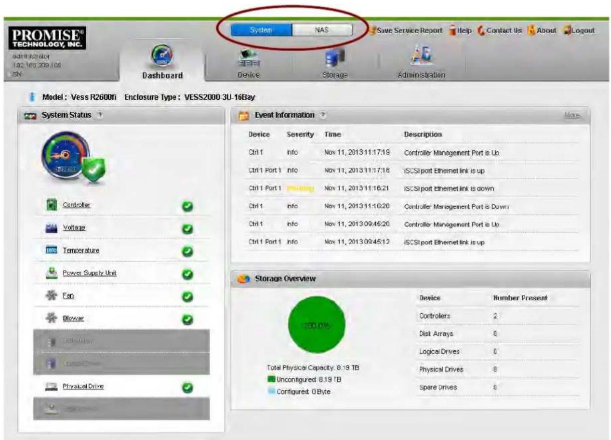 PROMISE® TECHNOLOGY, INC. administrator 182.168.209.186 SN: Dashboard System NAS Save Service Report Help Contact Us About Logout Device Storage Administration Model: Vess R2600fi Enclosure Type: VESS2000-3U-16Bay System Status Event Information Event Severity Time Description Device Severity Time D…