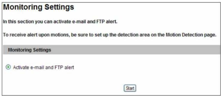 Monitoring Settings In this section you can activate e-mail and FTP alert. To receive alert upon motions, be sure to set up the detection area on the Motion Detection page. Monitoring Settings Activate e-mail and FTP alert Start